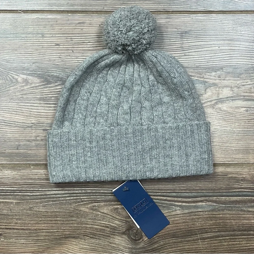 Polo Ralph Lauren Women's Cable-Knit Cashmere Pom Cuffed Beanie Gray NWT $198‎ - Picture 3 of 5